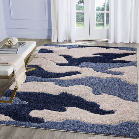 Modern hoogpolig vloerkleed Lima blauw 3509